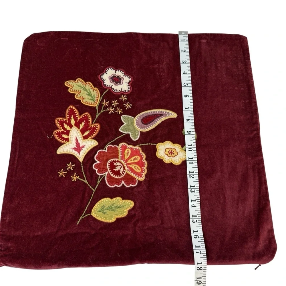 Pottery Barn Embroidered Fall Pillow Cover Velvet Floral 18x18 CottageCore Red